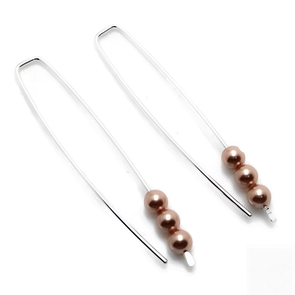 Moodtherapy Jewelry - 925 Sterling Silver Threader Earrings with 3 Pink Faux Pearls About 2” In Length